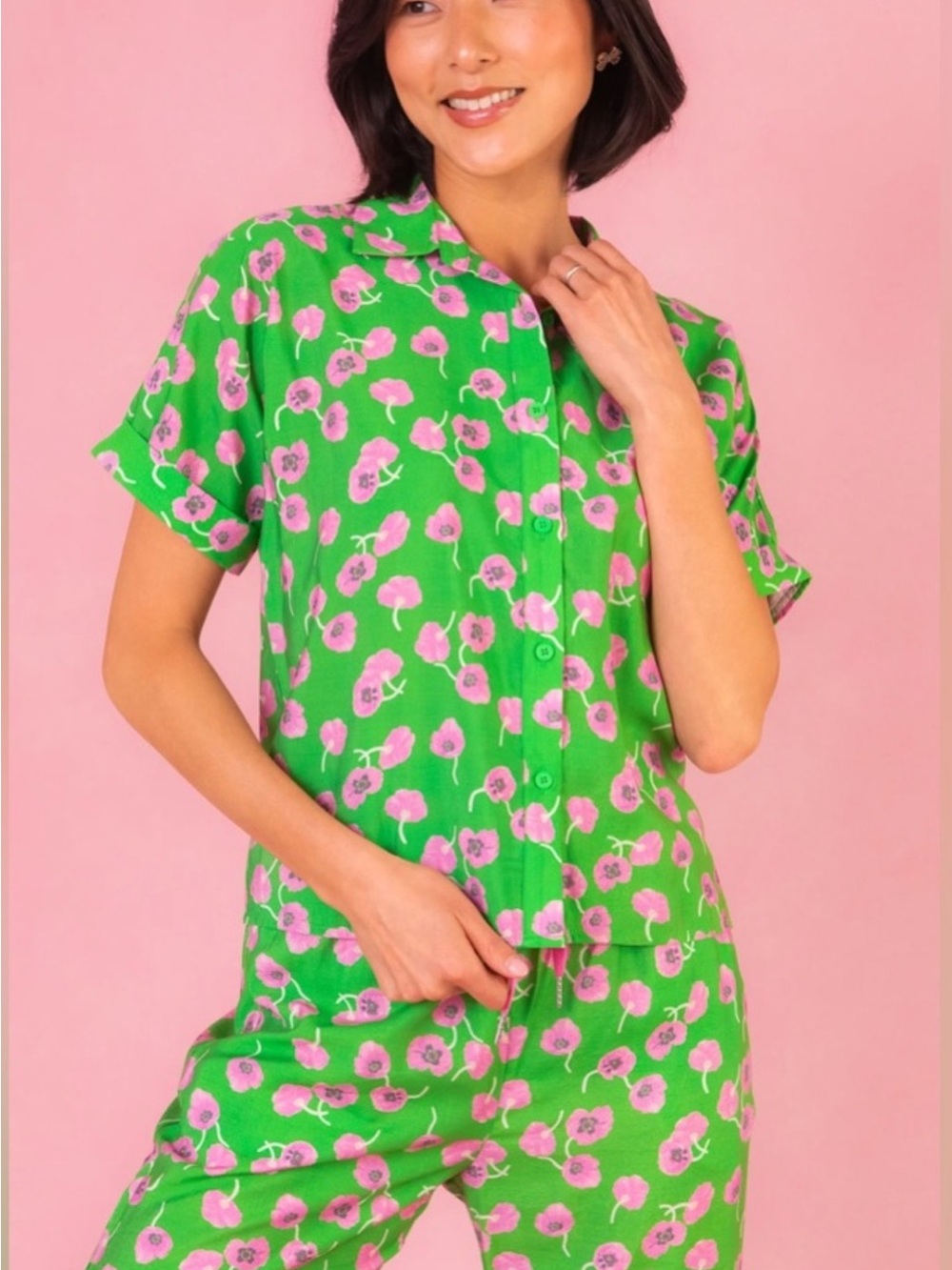 Ivy City Co Green Newport Blouse & Pant Set- Pink Green Poppy Print